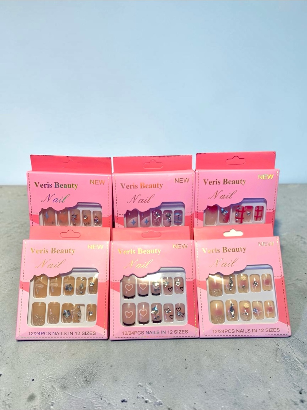 6 Veris Beauty Designer Press-On Nail Sets in Pink & Brown 12 sizes/24 pieces NW